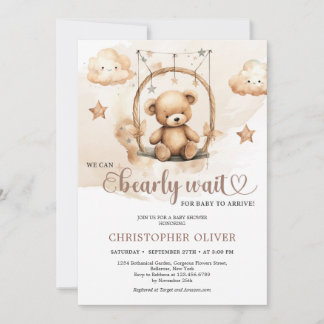 Watercolor boho terracotta neutral teddy bear invitation