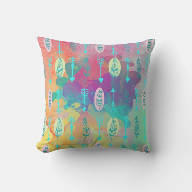 Watercolor Boho Tribal Chic Feathers Arrows Pillow (Front)