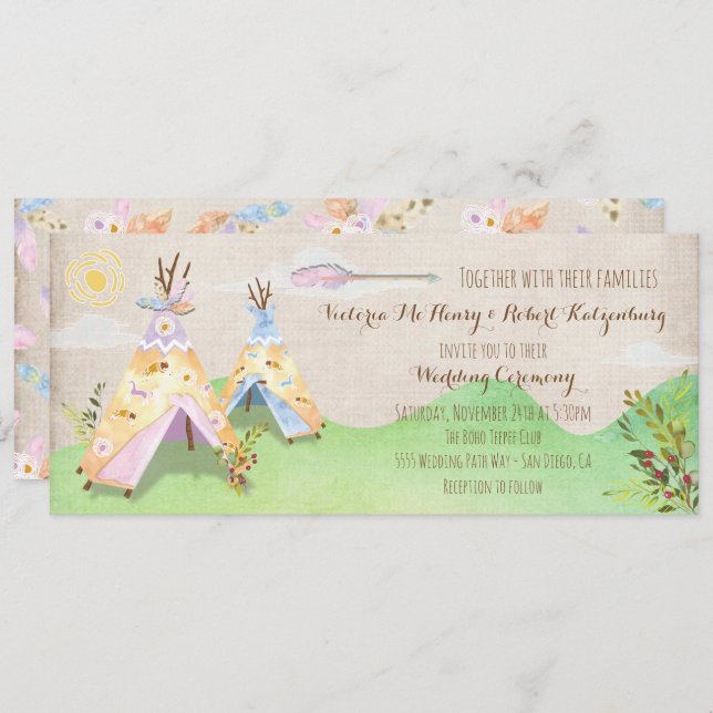 Watercolor Boho Tribal Wedding Rustic Teepee Invitation (Front/Back)