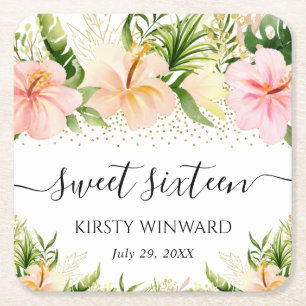 Watercolor Boho Tropical Pink Flowers Sweet 16 Square Paper Coaster