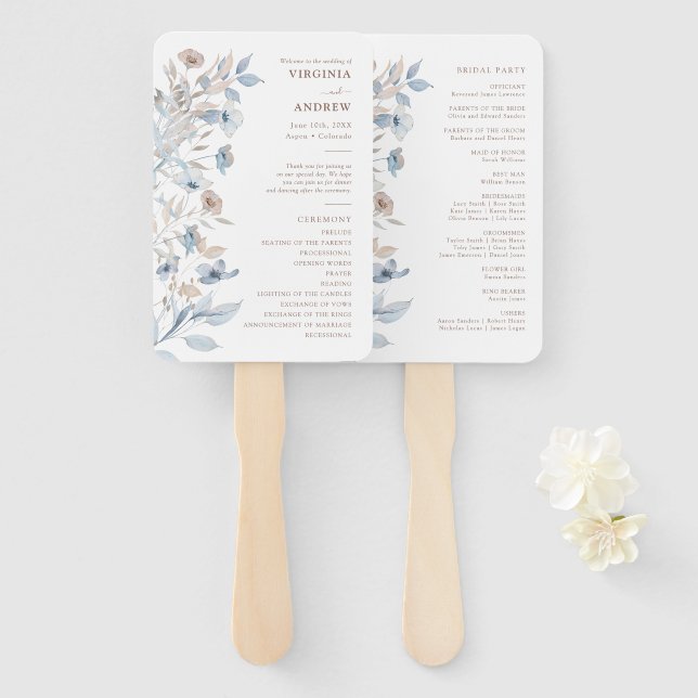 Watercolor Boho Wedding Program Hand Fan (Front and Back)