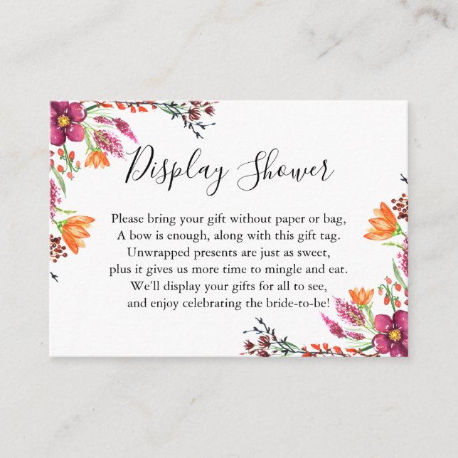 Watercolor Boho Wild Flowers Display Bridal Shower Enclosure Card (Front)