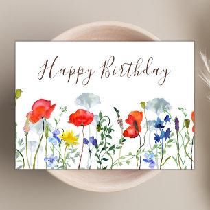 Watercolor Boho Wildflower Poppies Happy Birthday Card