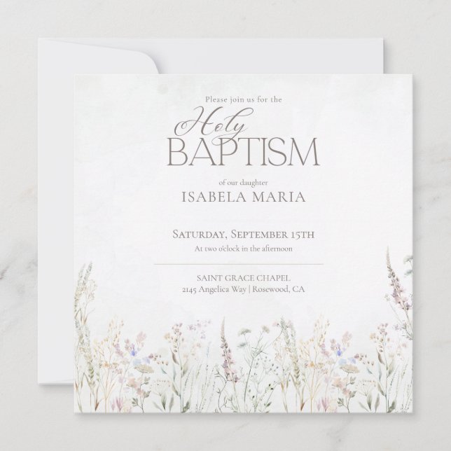 Watercolor Boho Wildflowers Holy Baptism Invitation (Front)