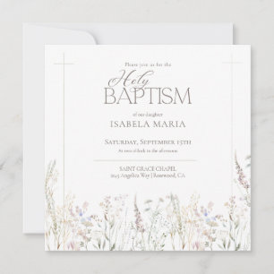 Watercolor Boho Wildflowers Holy Baptism Invitation