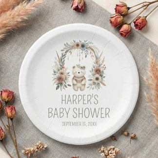 Watercolor Boho Woodland Bear Baby Shower Paper Plate