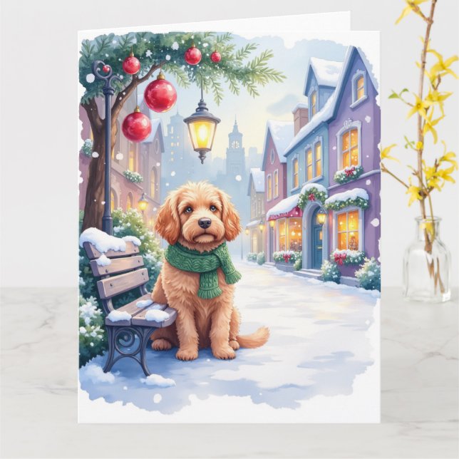 Watercolor Bolognese Festive Town Bench Christmas  Card (Yellow Flower)