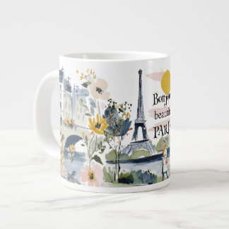 Watercolor Bonjour Beautiful Paris Large Coffee Mug