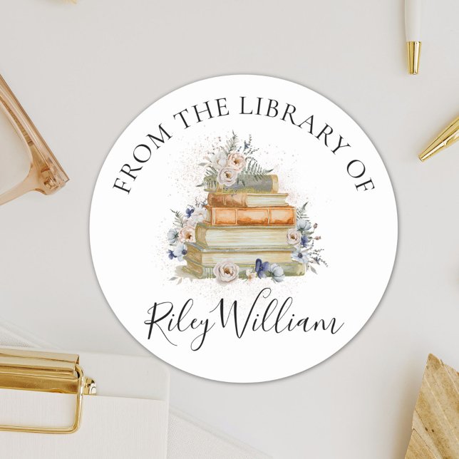 Watercolor Book Blue Floral Bookplate Sticker (In situ)