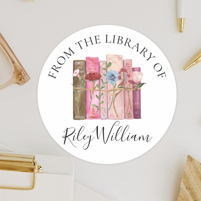 Watercolor Book Flower Bookplate Sticker (Close up)