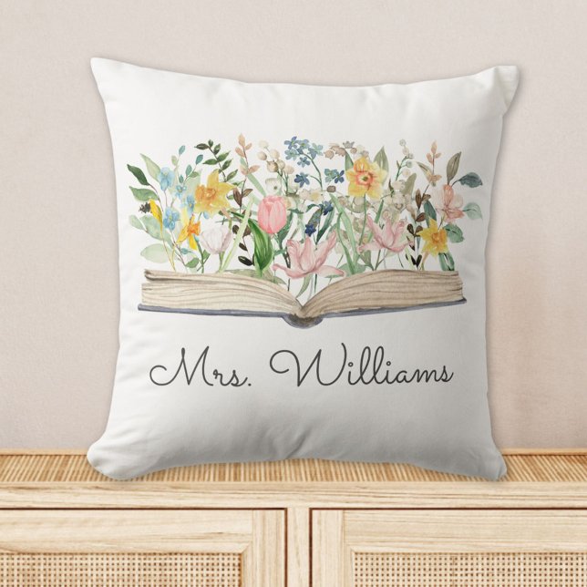 Watercolor Book Flower Floral Teacher Appreciation Cushion (In situ)