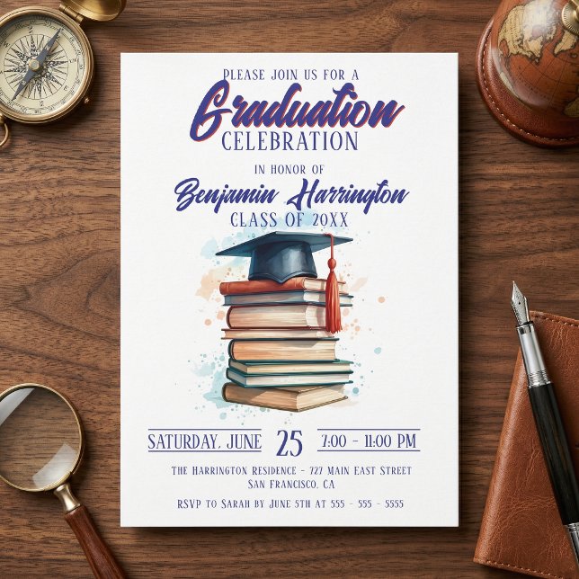 Watercolor Books and Cap Graduation Celebration Invitation (Creator Uploaded)