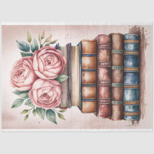 Watercolor Books and Roses Decoupage Tissue Paper