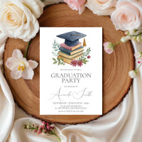 Watercolor Books & Cap Graduation Invite