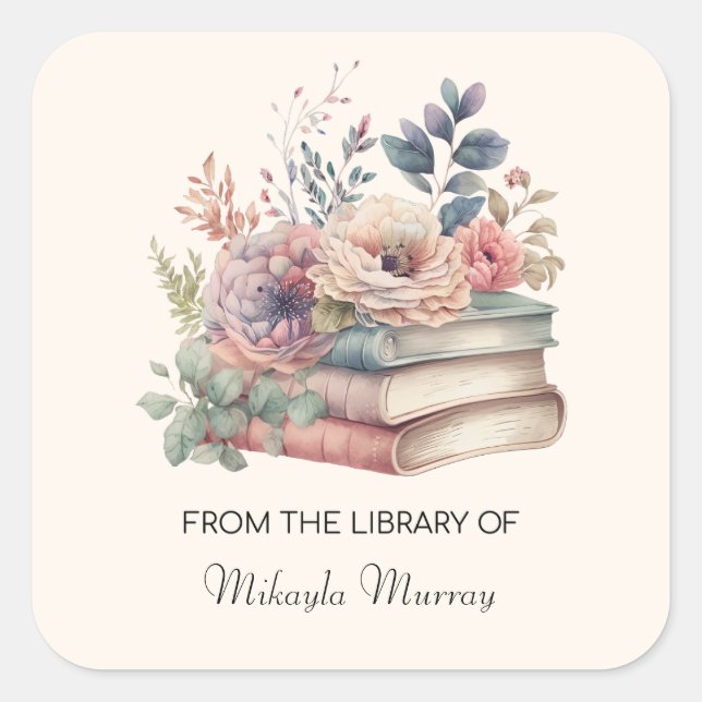 Watercolor Books & Flowers Personalised Bookplates Square Sticker (Front)