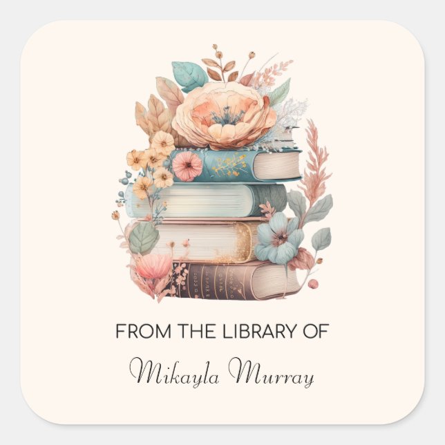 Watercolor Books & Flowers Personalised Bookplates Square Sticker (Front)