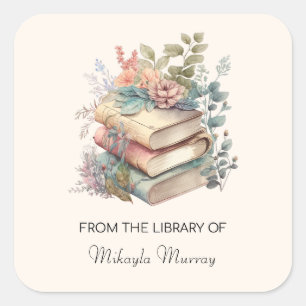 Watercolor Books & Flowers Personalised Bookplates Square Sticker