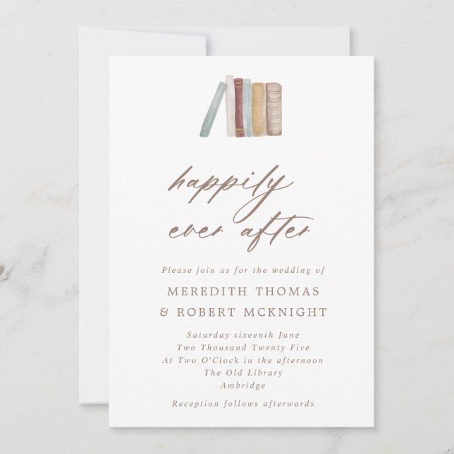 Watercolor Books Happily Ever After Wedding Invitation (Front)