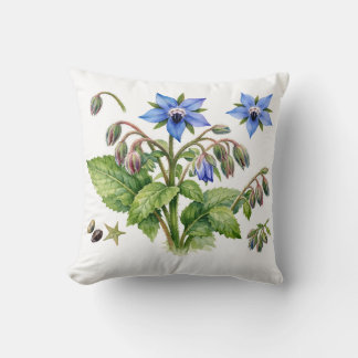 Watercolor Borage Herb Flowers and Leaves  Cushion
