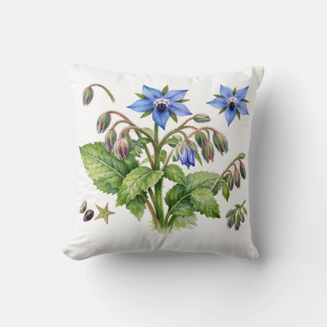 Watercolor Borage Herb Flowers and Leaves  Cushion (Front)