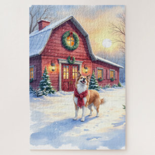 Watercolor Border Collie Country Barn Christmas Jigsaw Puzzle