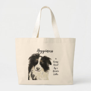 Watercolor Border Collie Dog Happiness quote Large Tote Bag