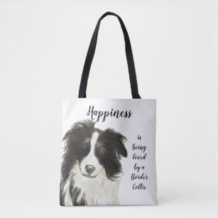 Watercolor Border Collie Dog Happiness Quote Tote Bag