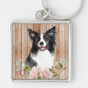 Watercolor Border Collie & Flowers Key Ring