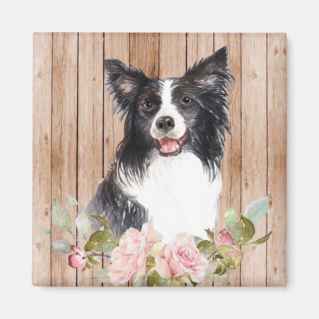 Watercolor Border Collie & Flowers  Magnet (Front)