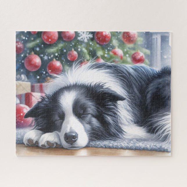 Watercolor Border Collie Sleeping Christmas Jigsaw Puzzle (Horizontal)