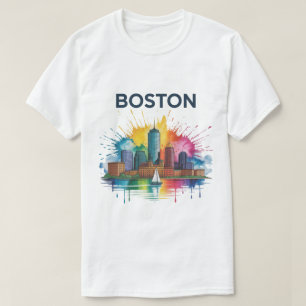 Watercolor Boston Skyline   Vibrant  Boston City T-Shirt