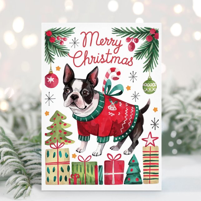 Watercolor Boston Terrier Christmas Card (Boston Terrier Christmas Card)