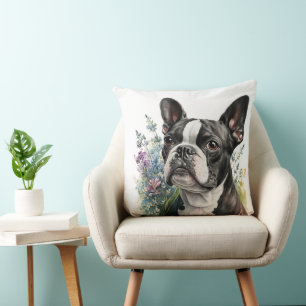 WATERCOLOR BOSTON TERRIER DOG WITH FLOWERS CUSHION
