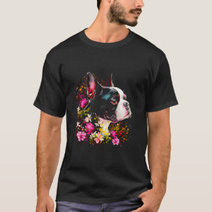 Watercolor Boston Terrier with flowers Bostie 10 T-Shirt