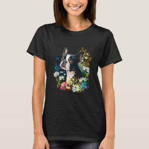 Watercolor Boston Terrier with flowers Bostie 18 T-Shirt
