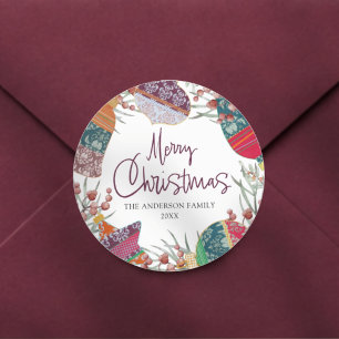 Watercolor Botancial Merry Christmas Classic Round Sticker