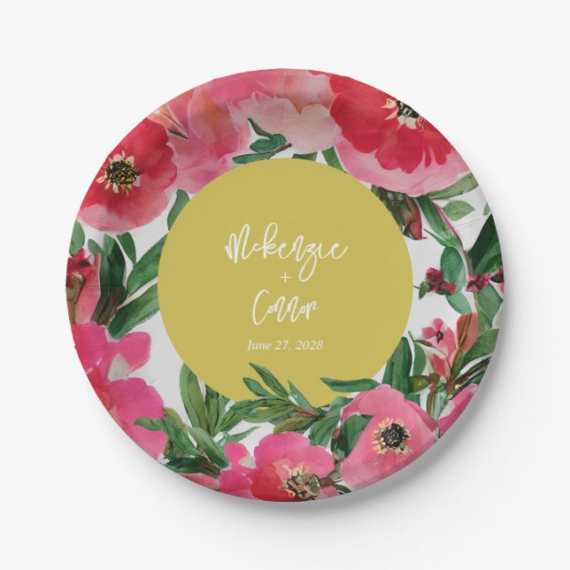 Watercolor Botanical Anemone Floral Yellow Wedding Paper Plate (Front)