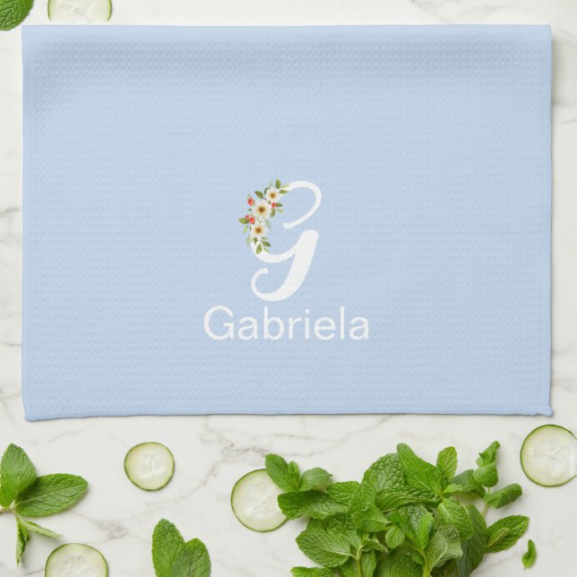 Watercolor botanical beige initial monogram blue tea towel (Folded)
