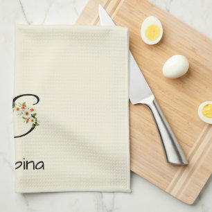 Watercolor botanical black initial monogram tea towel