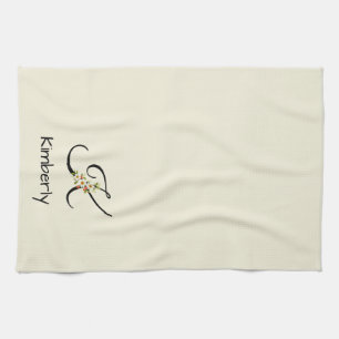 Watercolor botanical black initial monogram tea towel