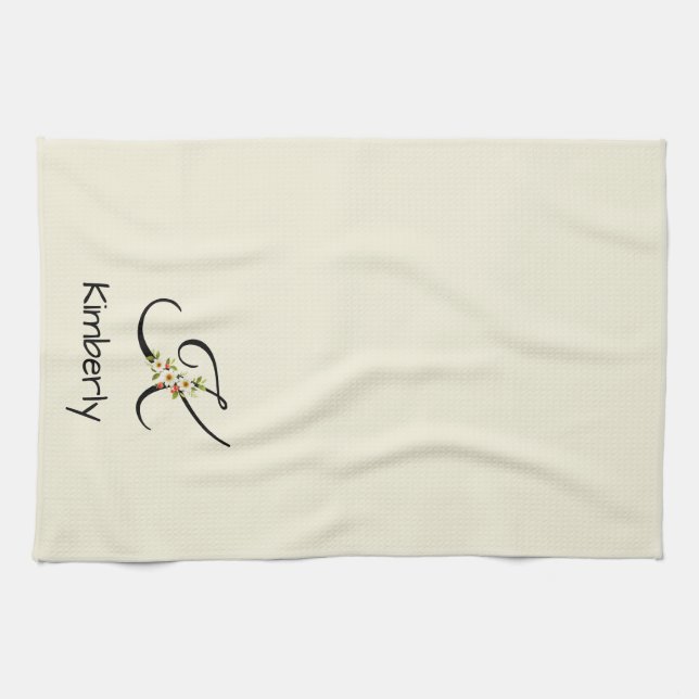 Watercolor botanical black initial monogram tea towel (Horizontal)