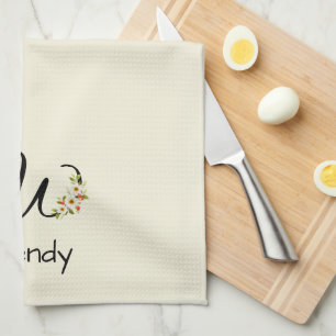Watercolor botanical black initial monogram tea towel