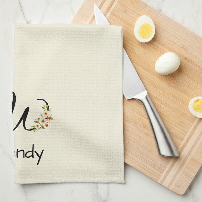 Watercolor botanical black initial monogram tea towel (Quarter Fold)