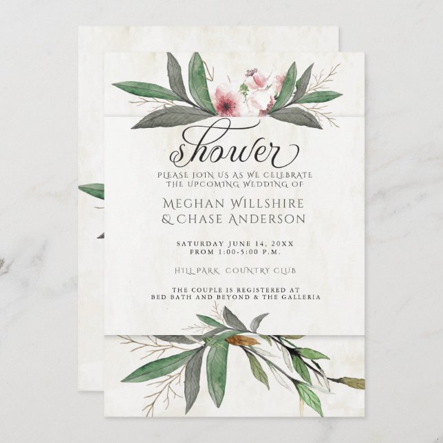 Watercolor Botanical Blossoms Couple's Shower Invitation (Front/Back)