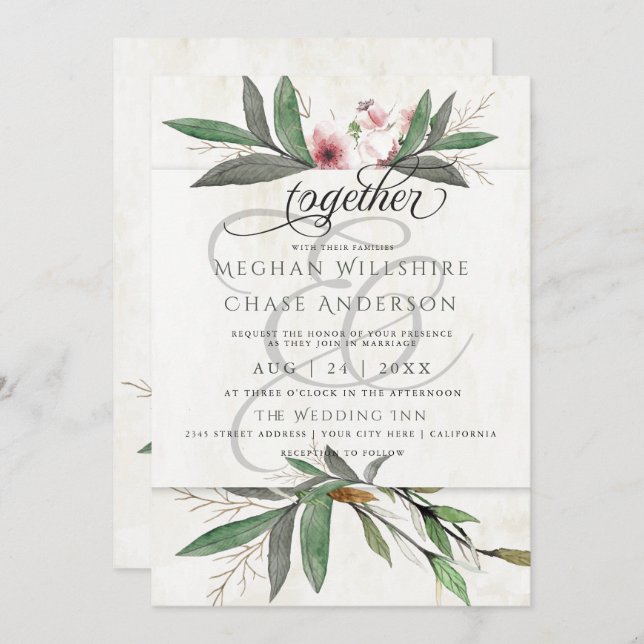 Watercolor Botanical Blossoms Wedding Invitation (Front/Back)