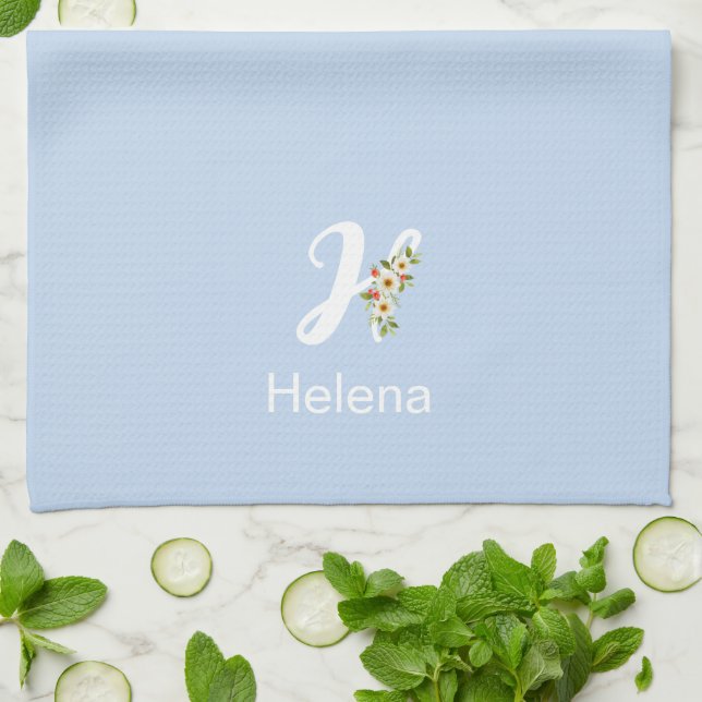 Watercolor botanical blue initial monogram tea towel (Folded)