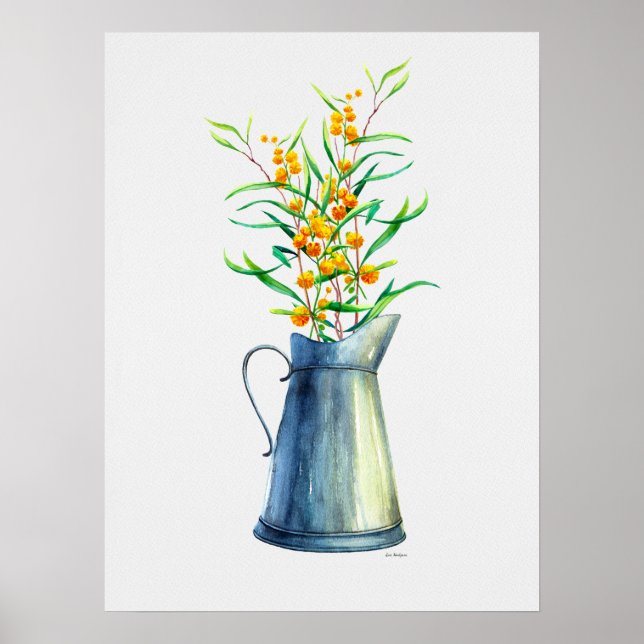 Watercolor Botanical Blue Yellow Vase Poster (Front)