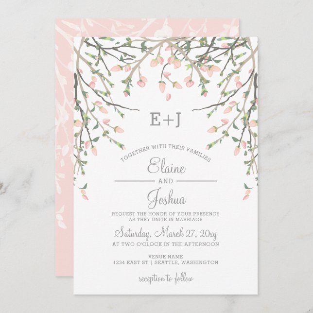 Watercolor Botanical Blush Pink Floral Wedding Invitation (Front/Back)