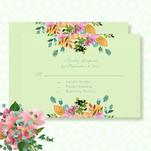 Watercolor Botanical Boho Green Pink Wedding RSVP