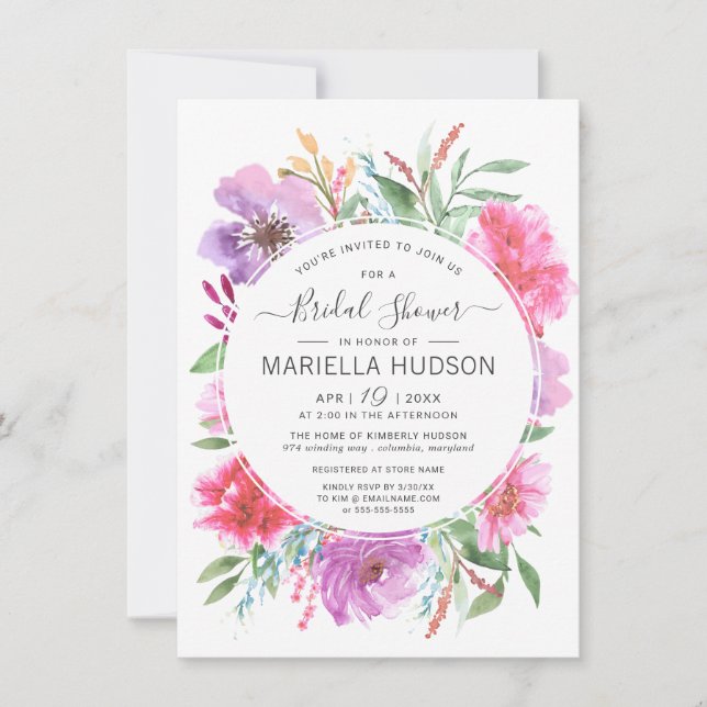 Watercolor Botanical Bouquet Bridal Shower Invite (Front)